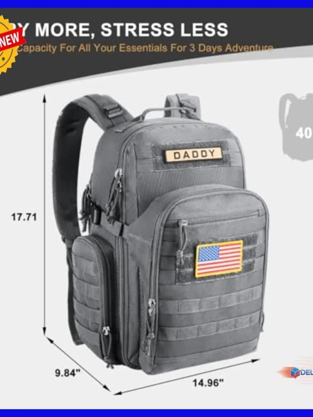 Large 40L Tactical Diaper Backpack with 16+ Compartments, Waterproof